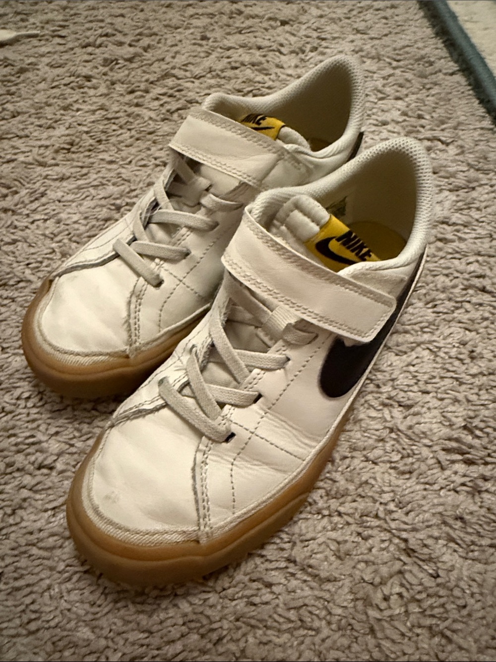 Nike Kids Cream Sneakers with Black Swoosh and Gum Sole